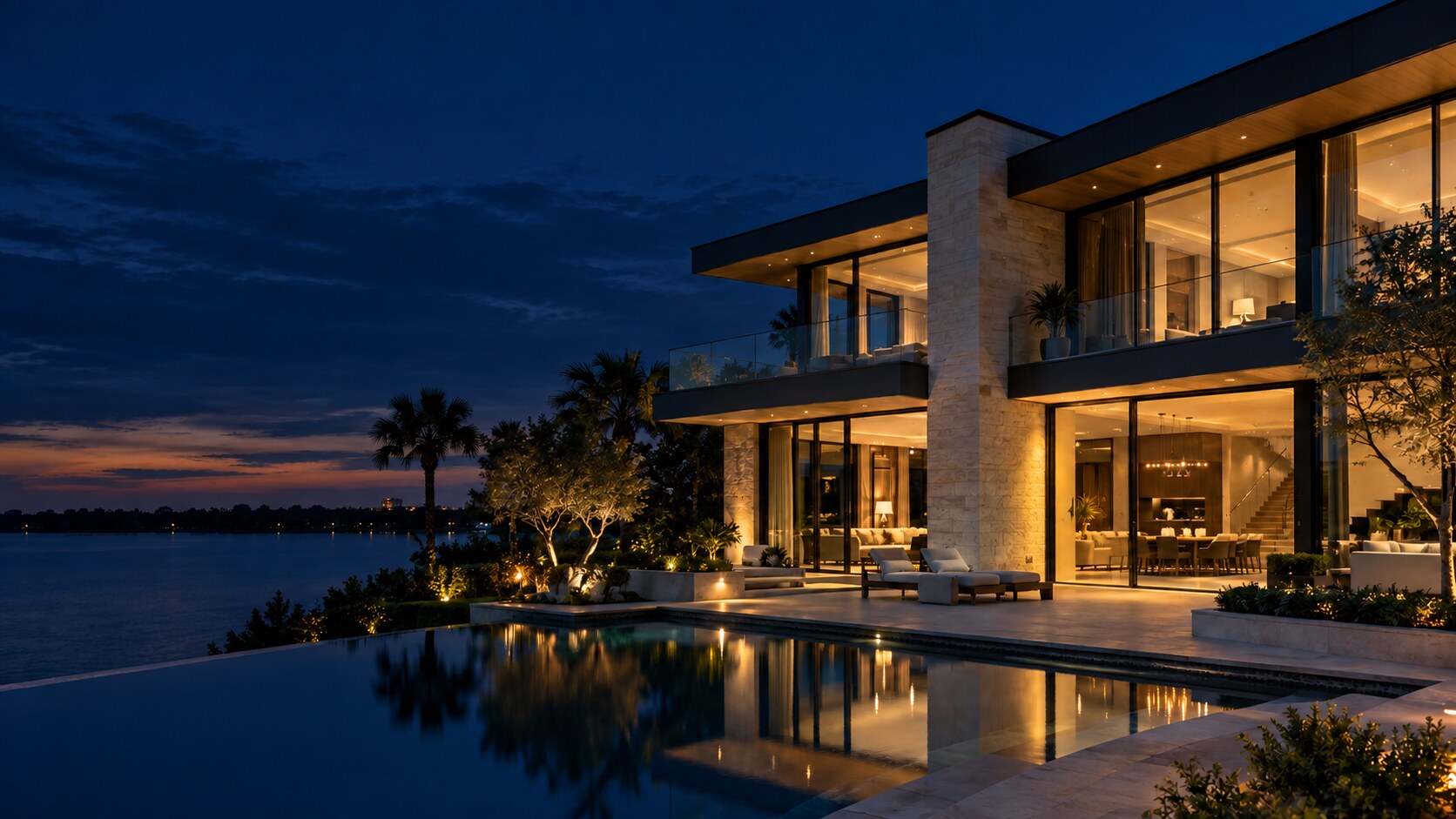 Contemporary Orlando lakefront home at blue hour