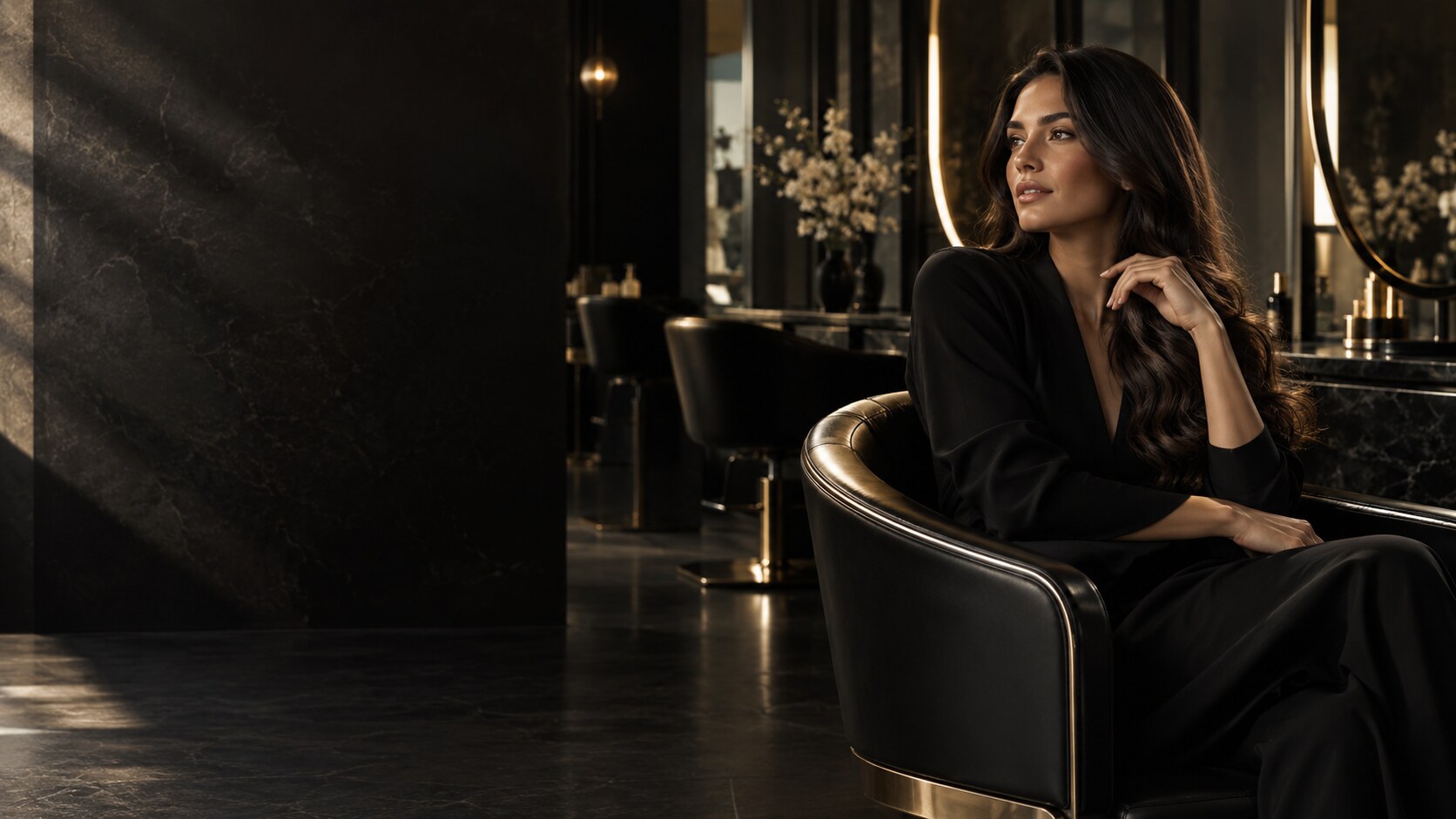 Elegant guest inside a dark luxury hair salon