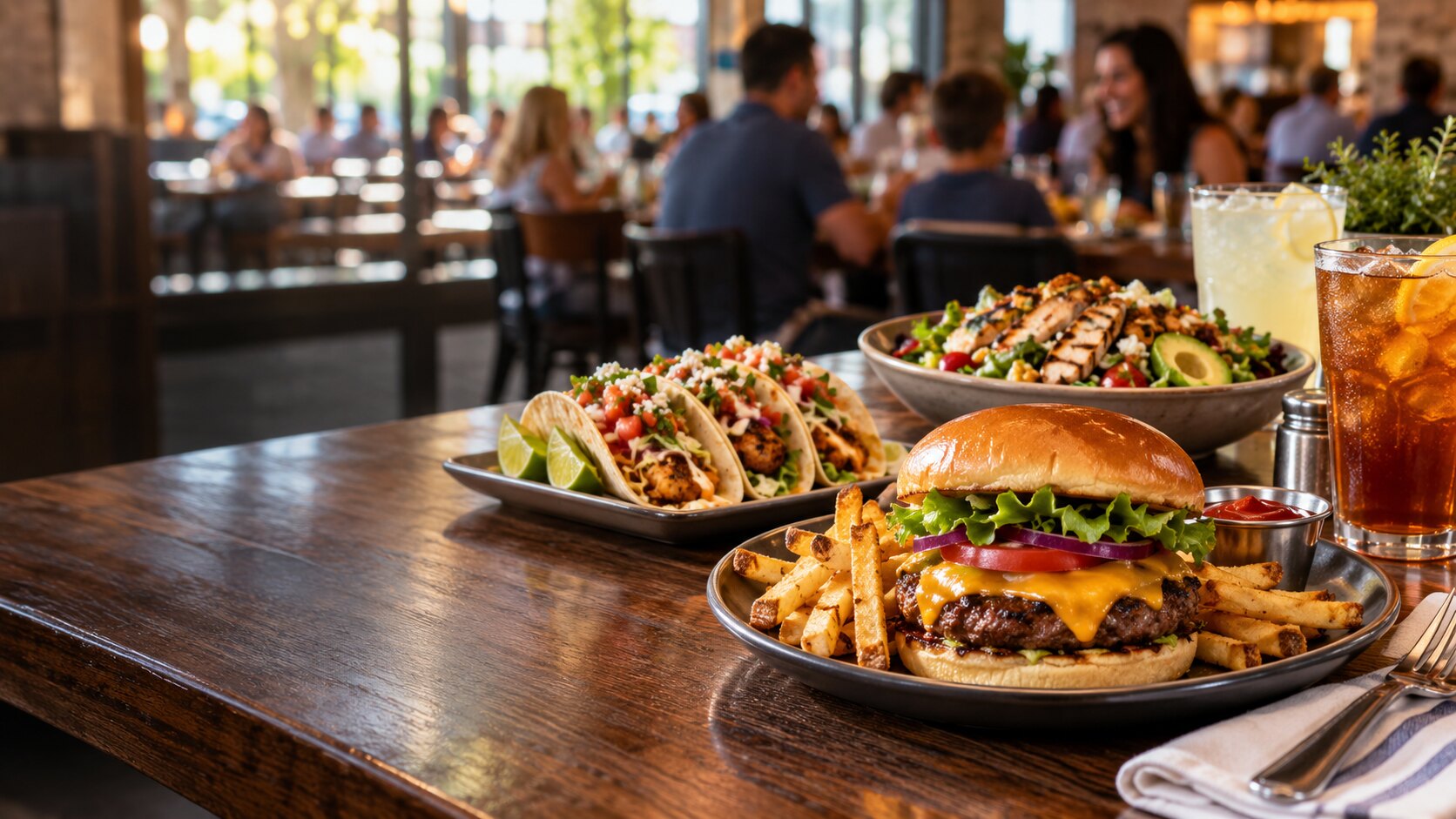 Burger, tacos, salad, and drinks at a lively neighborhood restaurant